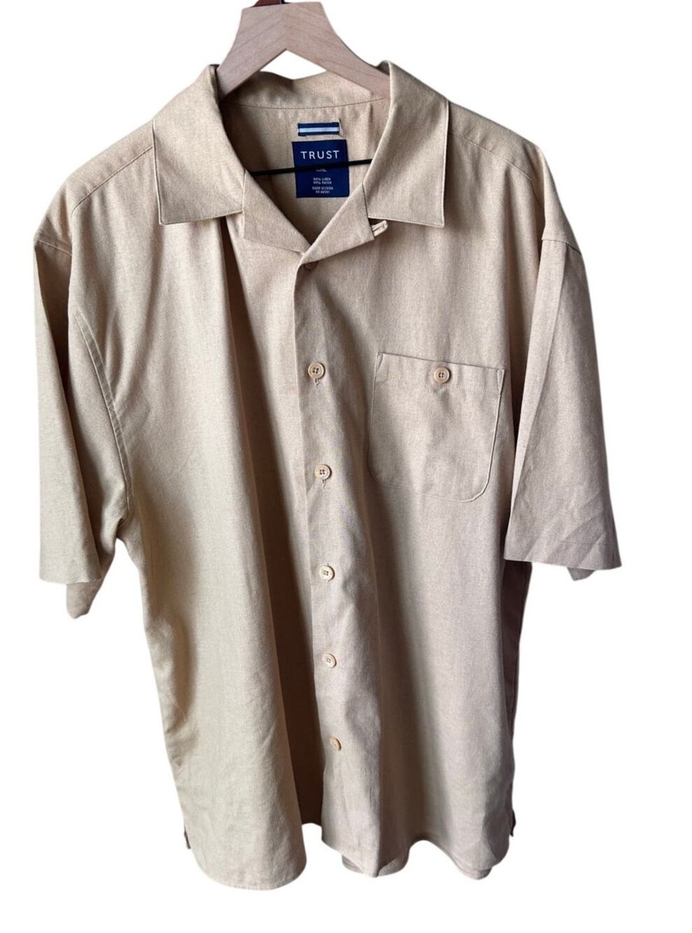 Trust Men's Size XXL Linen Rayon Blend Short Sleeve Button Up Shirt Beige